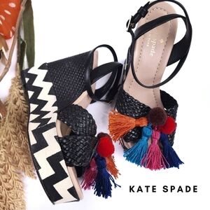 Kate Spade Black Woven Platform Sandal Wedges with Tassels Sz 6m